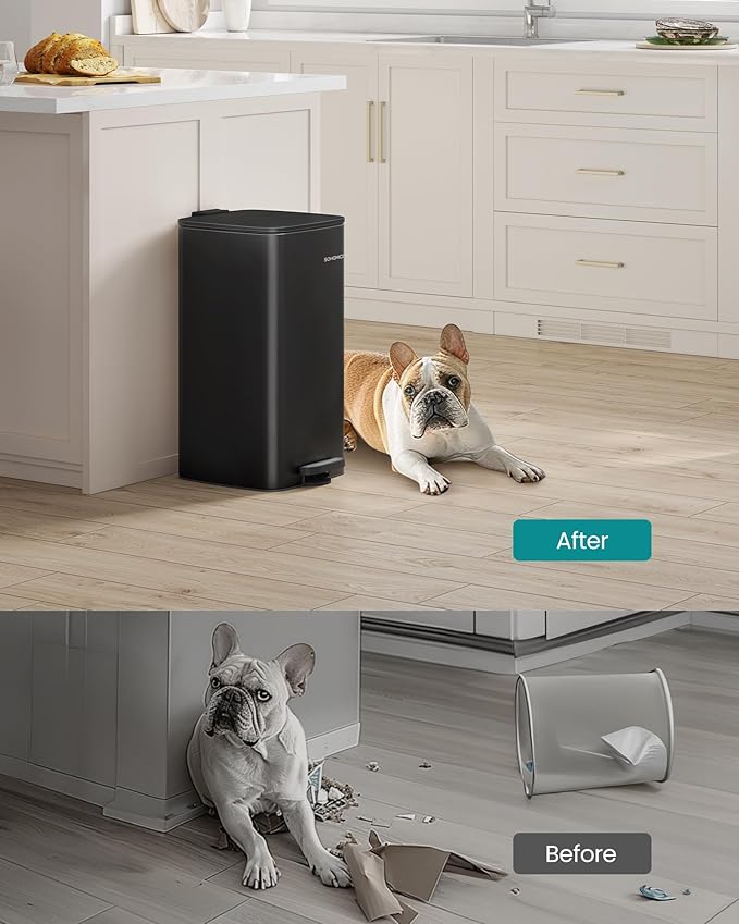 SONGMICS Kitchen Trash Can, 8-Gallon (30 L) Trash Bin, Stainless Steel Garbage Can, with Inner Bucket, Soft Close and Stays Open, Ink Black ULTB593B01