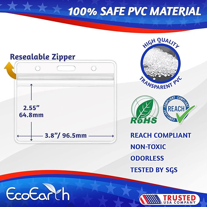 EcoEarth Horizontal PVC ID Badge Holder with Metal Clips and Vinyl Straps with Soft Edge (Sealable Fits 3.5x2.25 inch Inserts) (Clear 50-Pack), Waterproof ID Holder Bulk, ID Card Holder, Name Tag