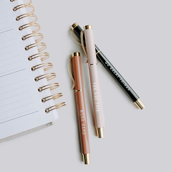 Sweet Water Decor Motivational Metal Pen Set - Set of Three Refillable Medium Ballpoint Pens with Black Ink - Motivational and Inspirational Office and Desk Accessories for Women