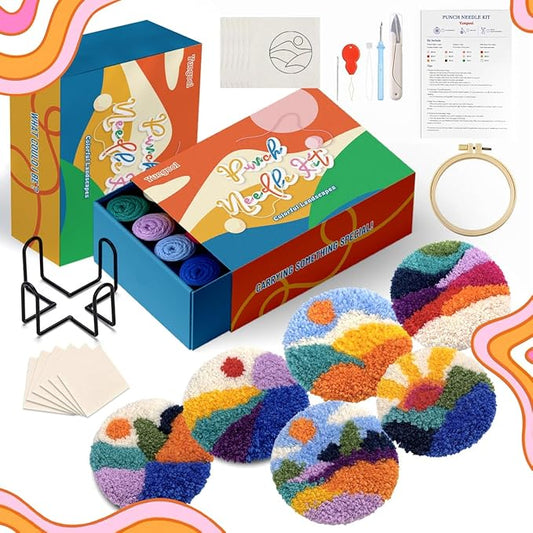 yuegool 6PCS Landscapes Punch Needle Coasters Kit,Easy DIY Punch Needle Embroidery Kit for Beginners Adults Kids Including Patterns, Tools, Yarns, Hoop, Instruction, Coaster Holder Art Craft Supplies