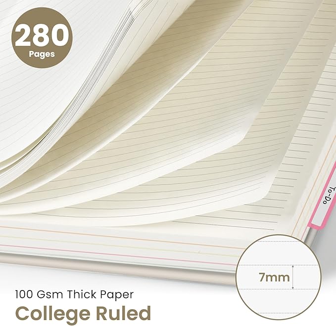 Hardcover Spiral Journal Notebooks for Work With Removable Dividers & Tabs, 8.5"x11" 5 Subject Notebook for Note Taking & Organizer, A4 College Ruled Lined Journal for Women & Writing, Grey Beige, 280 Pages