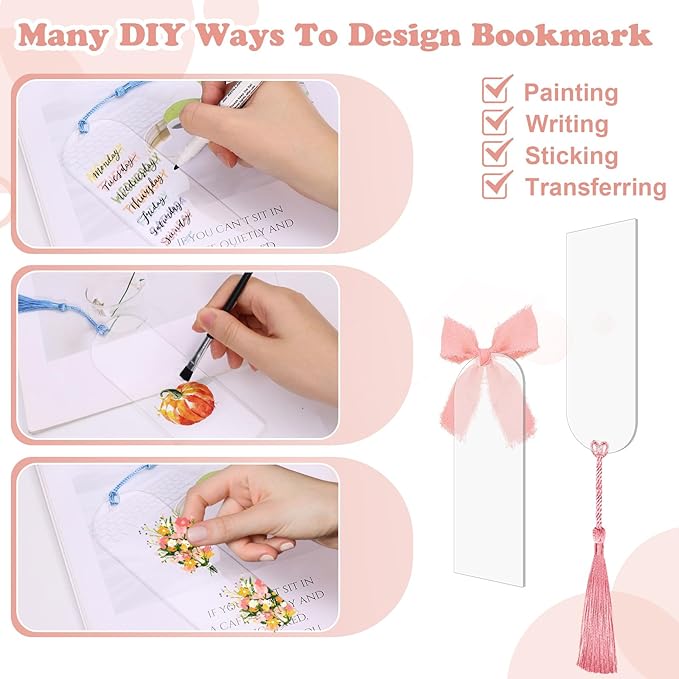 100 Pieces Acrylic Bookmark Blanks, Clear Acrylic Bookmarks with 30 Pieces Tassels and 4 Rolls Chiffon Silk Ribbon, Transparent DIY Bookmarks for Book Lover Crafts Present Tag Reading Accessories