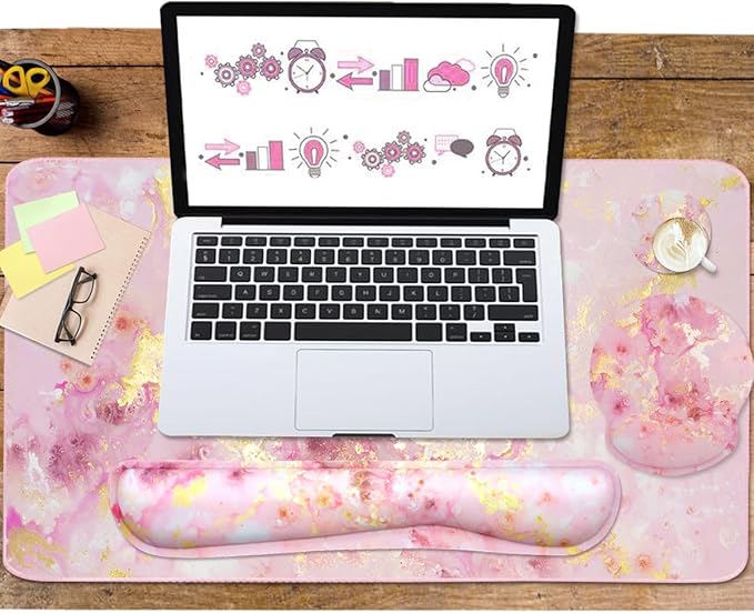4-in-1 Gaming Mouse Pad Wrist Support Set，Desk Pad + Mouse Pad with Wrist Rest + Keyboard Wrist Rest + Coaster, Ergonomic Design for Home Office Study Game - Pink