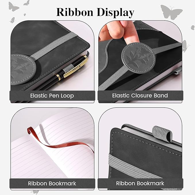 Lined Journal Notebook, A5 Hardcover Leather Journal for Men Women, 200 Pages 100 GSM Thick Paper, Journaling Notebooks for Work School Travel Note Taking, Black