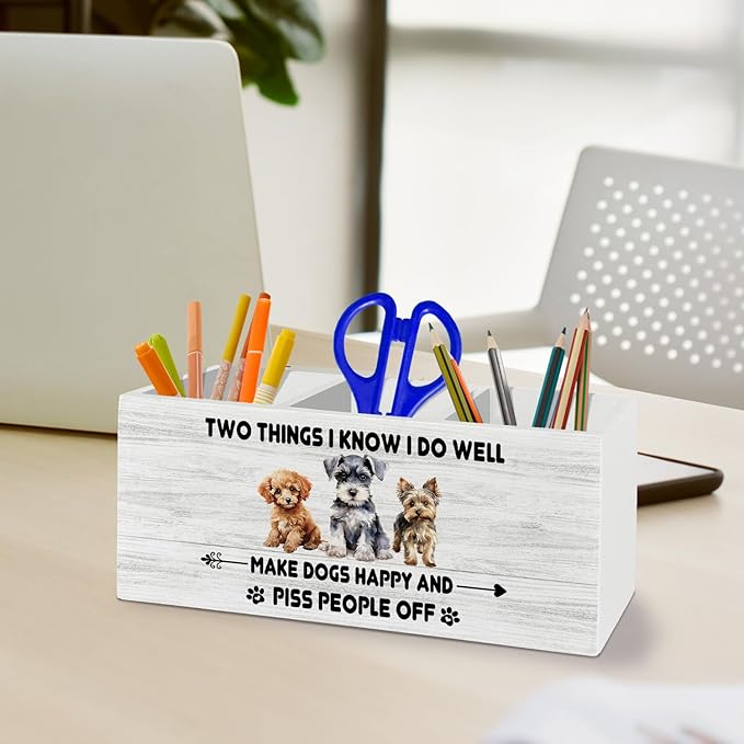 Funny Dog Pen Pencil Holder Organizer for Desk Accessories, Dog Mom Dad Lovers Owner Gifts for Women Men, Pet Lover Gifts Wooden Box Sign Desk Decor for Home Office Decoration