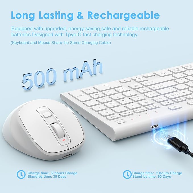 FENIFOX Wireless Keyboard Mouse Combo, Ergonomic Rechargeable Silent Quiet Slim Compact Full-Size USB C with Number Pad Flat Soft Cover for PC Computer Laptop Mac MacBook iMac TV Windows OS - White