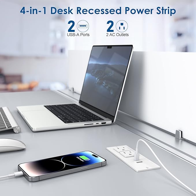 Conference Recessed Power Strip Socket 6.56Ft Cord,Desktop Power Grommet Power Strip with 2-Outlet & 2 USB Ports,Furniture Flush Mount Charging Station,Desk Outlet for Side Table or End Table(White)