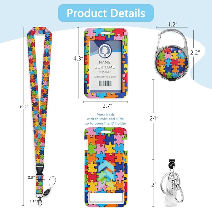 Autism Awareness ID Badge Holder with Breakaway Lanyard, Fashionable Lanyards for ID Badges Women, Cute Puzzle Badge Reel Retractable, ID Card Holder Keychain Name Badge Clip, Nurse Teacher Gifts