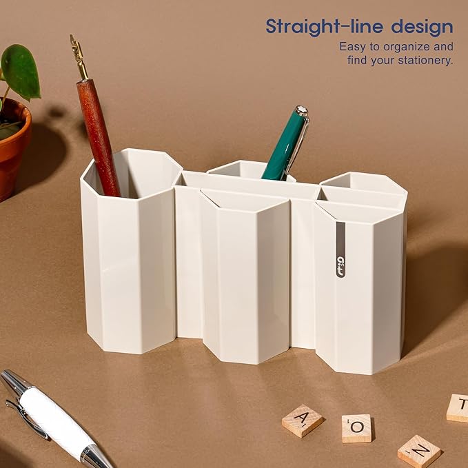 AonT Design Small Desk Organizer - Beige Pen Tray & Holder (Multi-Compartment) (Made in Korea) – Modern Office Storage Supplies Organizer and Aesthetic Decor for Accessories