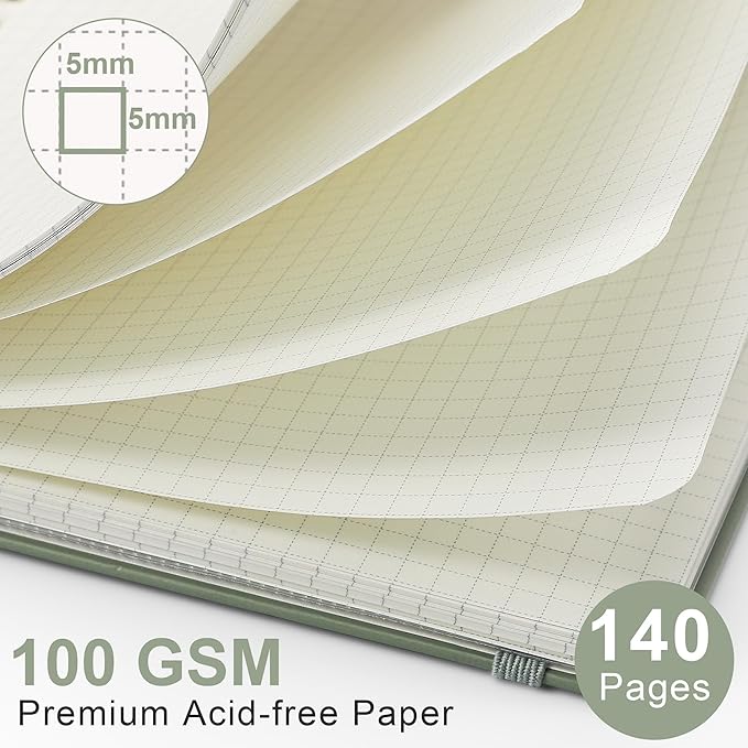 RETTACY Graph Grid Paper Notebook, 140 Pages, A5 Medium Size (5.7'' x 8.3''), 5 Squares per Inch, Hardcover, 100 GSM Thick Paper, for School, Students, Math, Engineering (Light Green)