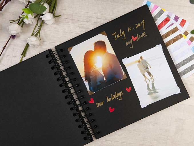 potricher 8 x 8 Inch DIY Scrapbook Photo Album 80 Pages Thick Kraft Blank Black Paper Memory Book for Wedding and Anniversary Family (Black, 8 Inch)