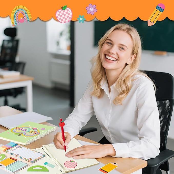 B1ykin Stationery Gift Set - 3Pcs Notebook Sticky Notes, A5 Spiral Notebooks & 550 Sheets Cute Sticky Notes with Pens Kit for Office School Teacher Thanksgiving Supplies (Restro Teacher)