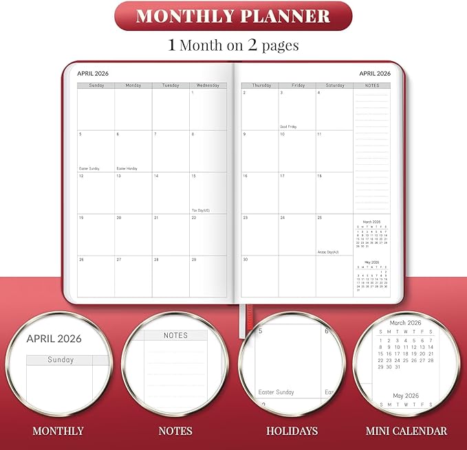 2026 Planner, Weekly and Monthly Planners, Faux Leather Daily Calendar 2026 Planner, 12 Month Agenda from Jan. to Dec., Hardcover Habit Tracker Journal 5.75" x 8.4"(Red)