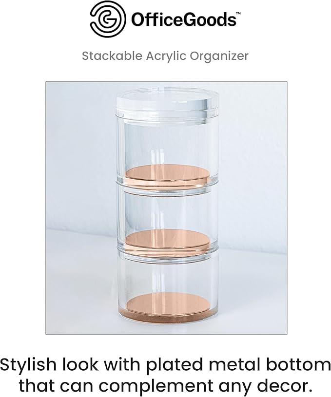 OfficeGoods 3-Tier Stackable Acrylic Holder- Stylish Desk Organizer and Storage for Office or Home – Transparent Round Design with Rose Gold Metal Base