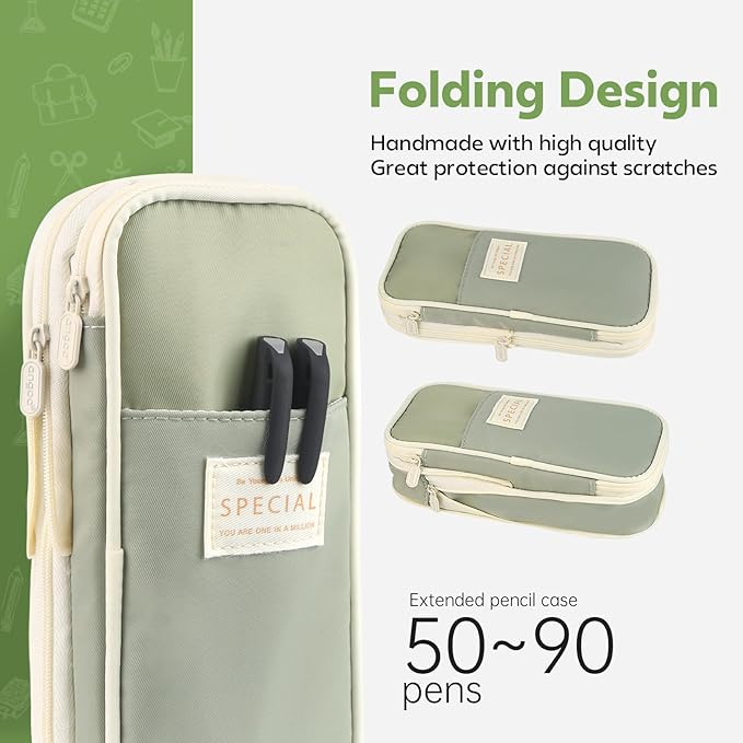 Pencil Case, Large Capacity Aesthetic Pencil Cases with Durable Zipper, Big Stationery Pencil Pouch for Women & Men, Adults Portable Storage Organizer Bag for College, Office, Travel (Green)