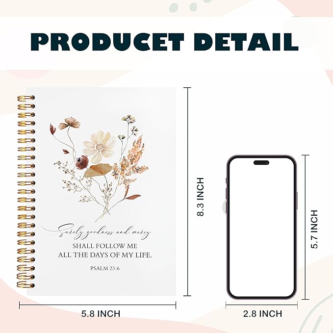 BearCake Floral Christian Notebook Journal, Christian Gifts for Women, Bible Notebooks for Note Taking, Bible Journaling Notebook, Surely Goodness and Mercy Hardcover Spiral Notebook 5.5x8.3