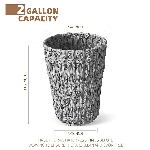 Endymion Grey Wicker Trash Can,Waterproof Wicker Waste Basket for Bathroom,Woven Waste Basket for Bedroom,2 Gallon Round