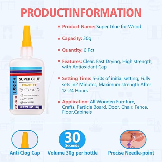Super Glue for Jewelry Bracelet with Anti Clog Cap. 6 X 1 Fl Oz,Ca Glue - Adhesive Clear Glue for Bracelets,Necklaces,Clay Beads, Bead Charms, Punctuation Beads,Heishi Beads,Quick Dry