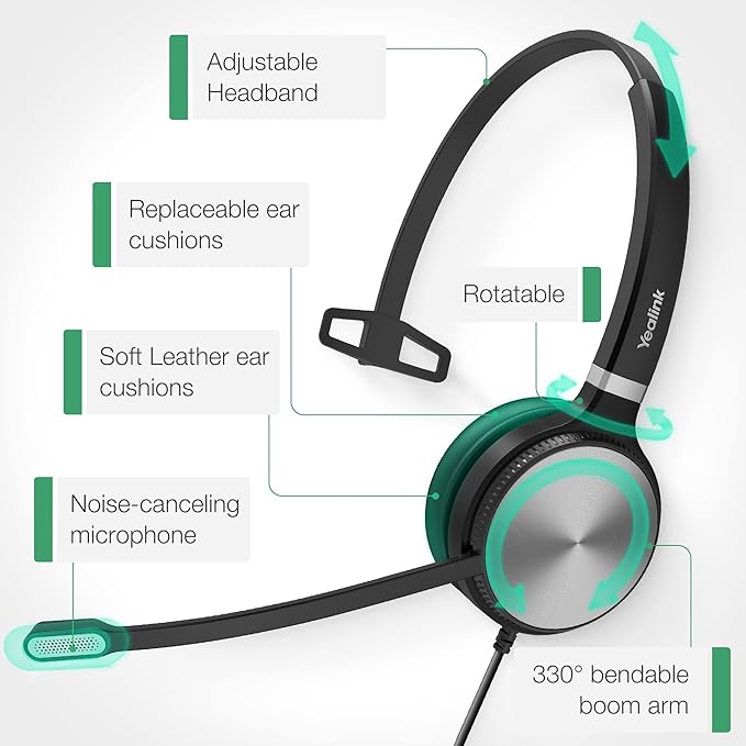Yealink UH36 Professional USB Headset Wired Headphones for Work Calls and Music, Headset with Noise Cancelling Mic for Computer PC Laptop（UC Compatible, Mono,3.5mm Jack/USB Connection）