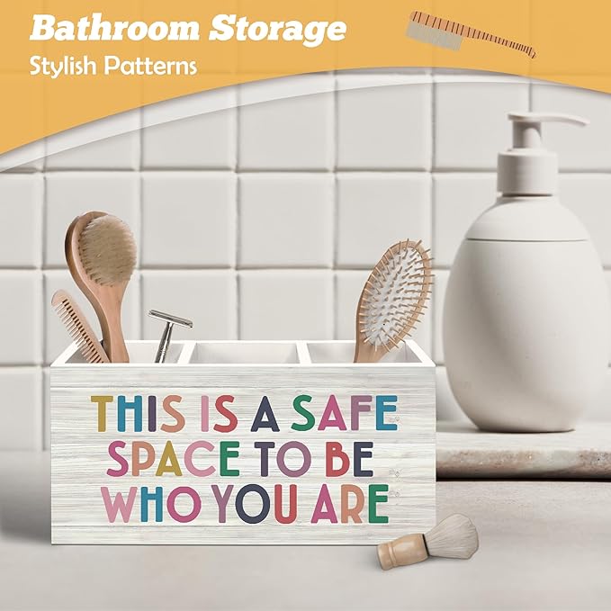 Mental Health Classroom Pen Holder Organizer for Desk Accessories, This Is a Safe Space to Be Who You Are Inspirational Wooden Box Desk Decorations for Therapy Counselor Office Classroom Decor