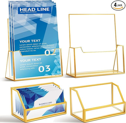 4 Pcs Glass Display Stand Set 2 Gold Glass Brochure Holder Stand 2 Gold Business Card Holder for Office Desktop Countertop Name Card Magazine Literature Journal(8.5 x 11'')