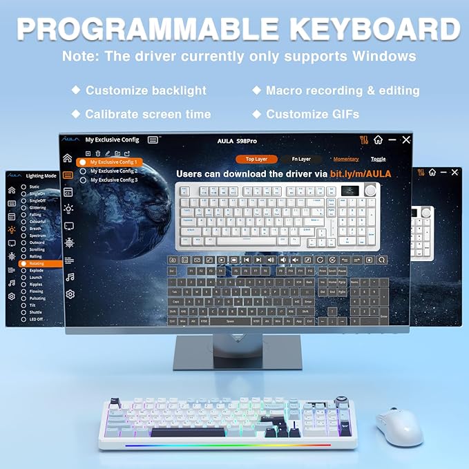 AULA S98 Pro Wireless Mechanical Keyboard,Smart Screen & Knob,Tri-Mode BT5.0/USB-C/2.4GHz Creamy Keyboard,Pre-lubed Linear Switches,Hot Swappable RGB Backlit Computer Gaming Keyboards