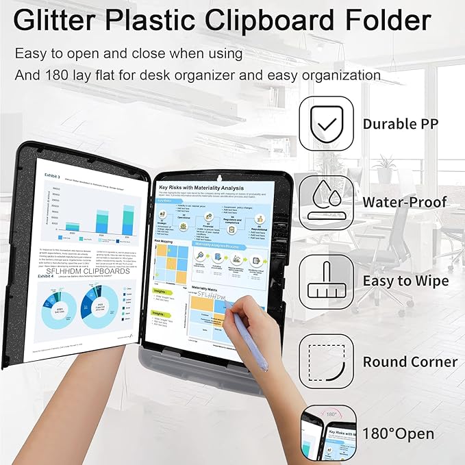 Glitter Clipboard with Storage,Storage Clipboard with Pen Holder,A4 Binder Clip Boards 8.5x11 with Low Profile Clip,Side Opening Sparkle Clipboards, Clipboards Folder for Office Supplies-Starry Black