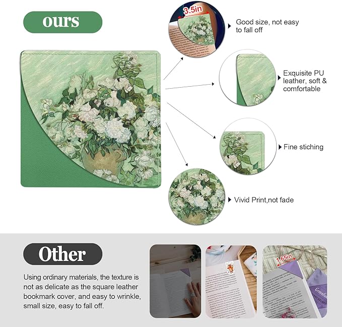 Cute Floral Leather Bookmarks 4Pcs, Van Gogh Oil Painting Making Corner Bookmark, Fun Book Accessories for Reading Book Lovers, Personalized Page Markers（Rose Sunflower Irises Poppies ）