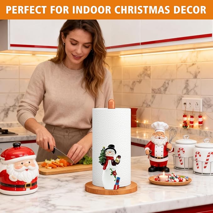 GAJ Christmas Decorations Paper Towel Holder Countertop, 3D Snowman Kitchen Counter Decor, Cute Resin Wooden Stand for Bathroom & Home Indoor Table, Winter Xmas Gift for Women, Housewarming Gifts