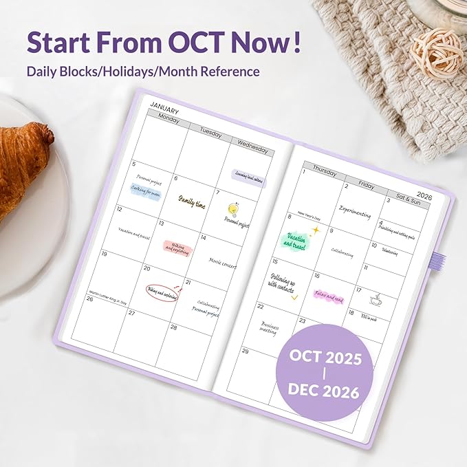 SUNEE 2026 Pocket Weekly Planner for Purse 3.5" x 6" - 12 Month (January 2026 - December 2026), Small Size Planner, Hardcover, Notes, Pocket, 100 GSM Paper, Purple