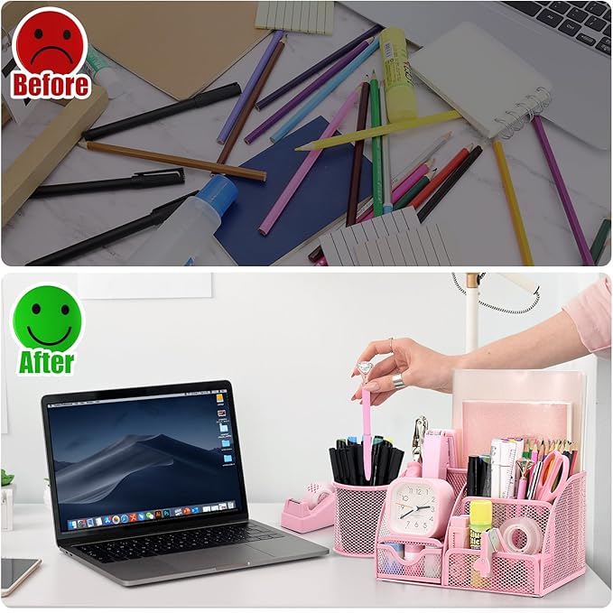 SYMDROMIA 13-in-1 Office Desk Organizer Set with Stapler and Tape Dispenser, Pen Holder, Scissors, Ruler, Hole Punch, 2 Pens & More Desktop Accessories for Back to School Supplies (Pink)