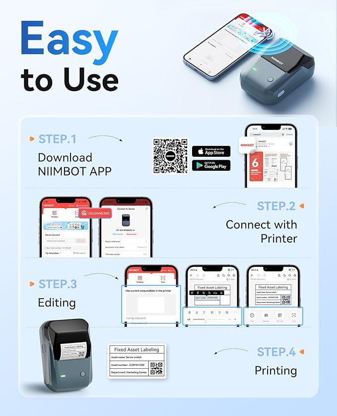NIIMBOT B1 Label Maker Machine with Tape, Thermal Label Printer Easy to Use for Office, Home, Business, 2 Inch Label Maker with 2'' x1.18'' Labels-230pcs/Roll