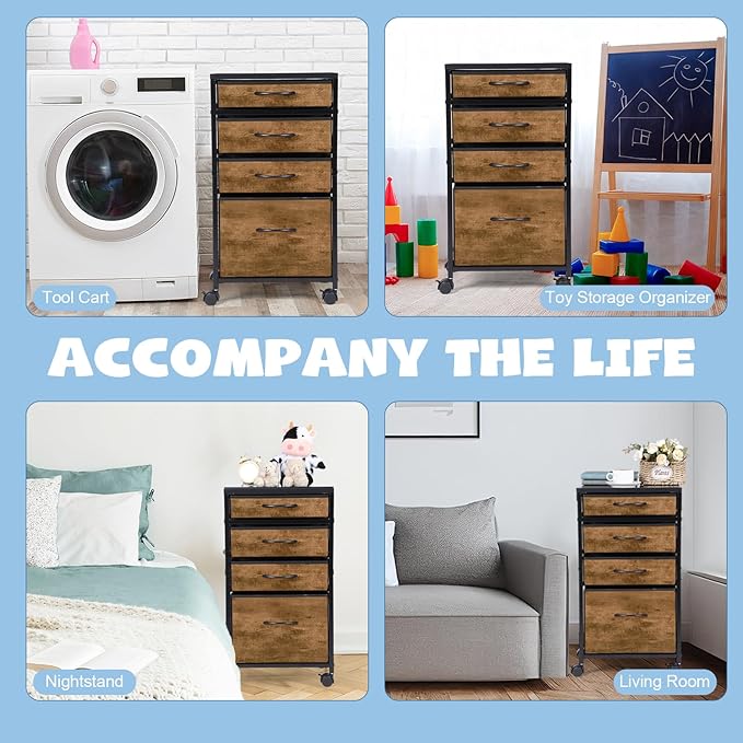 Chunful 4 Drawer Rolling File Cabinet Mobile Printer Stand Metal Cart with Fabric Vertical Filing Chest Wheels A4 Letter Size Under Desk Utility Craft Storage Organizer for Home Office(Brown)