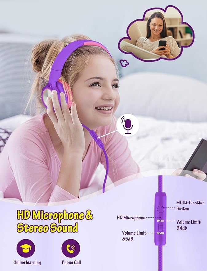 Kids Headphones with Microphone, Wired Over Ear Headsets with Limited Volume 85dB/ 94dB for Boys Girls Teens Children Online School/Travel/iPad/Tablet/Cellphone