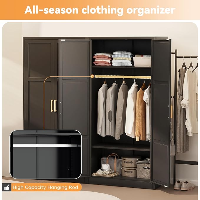 INTERGREAT Metal Storage Cabinet with Hanging Rail, Black Armoire Wardrobe Closet with 2 Doors,72" H Storage Closet Cabinets with Adjustable Shelves and Removable Hanging Rods