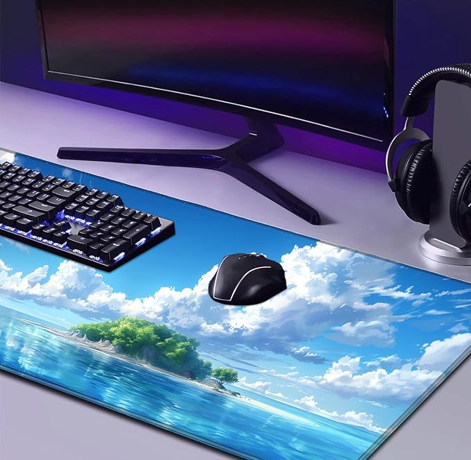 Healing Blue Sky Forest Sea Beach Scenery Keyboard Pad, Extended Office Computer Gaming Desktop Mouse Pad 35.4 x 15.7 Inches Non Slip Rubber Base with Stitched Edges