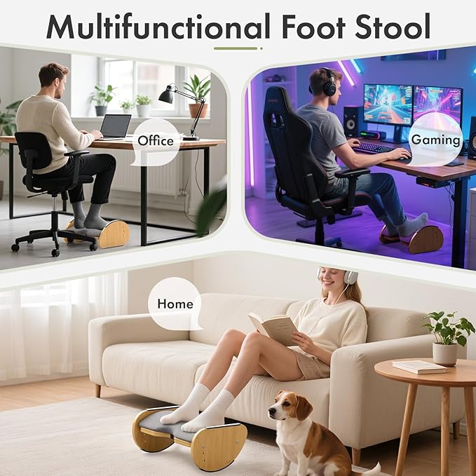 Amazer Bamboo Under Desk Footrest with Cushion 3-in-1, Reversible Ergonomic Rocking Foot Rest for Under Desk at Work, Adjustable Foot Stools with Washable Cover, Desk Leg Rest for Home Office