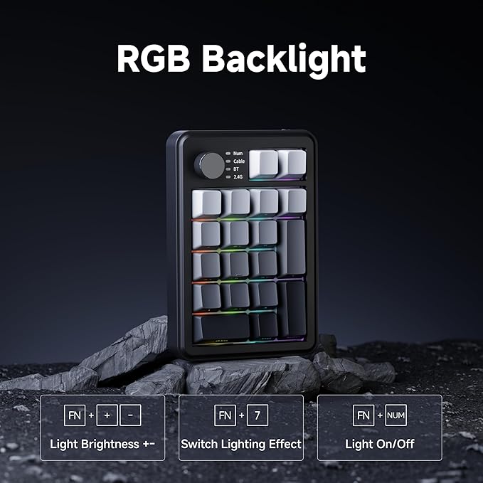 EWEADN NK20 Wireless Retro Mechanical Numpad with Knob, Bluetooth/2.4GHz/USB-C Connect with RGB Backlight Hot Swappable Number Pad, 20-Key Rechargeable External Num Pad for Win, Mac, Black Gray