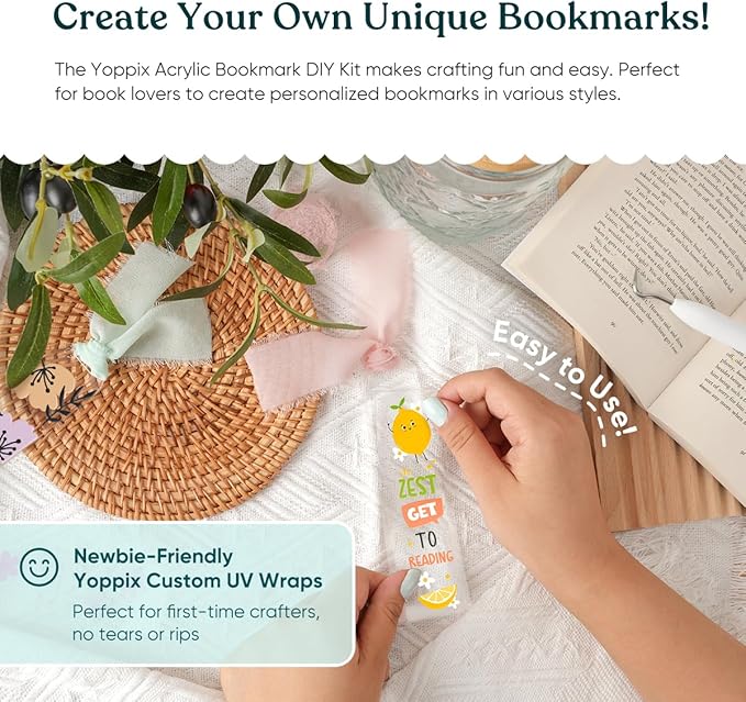 15 Pieces Acrylic Bookmark Blanks (3mm) Thicken Bookmark Making Kit with 20 Pcs Fruit UV DTF Sticker, 15 Pcs Ribbon, Suitable for DIY Your Crafts Gifts