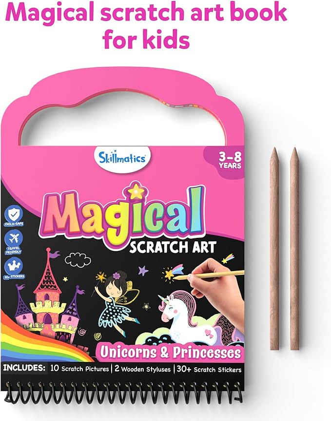 Skillmatics Scratch Art Book for Kids - Unicorns & Princesses, DIY Craft Kits, Christmas Stocking Stuffers, 30+ Scratch Stickers, Travel Toys, Gifts for Girls & Boys Ages 3, 4, 5, 6, 7, 8