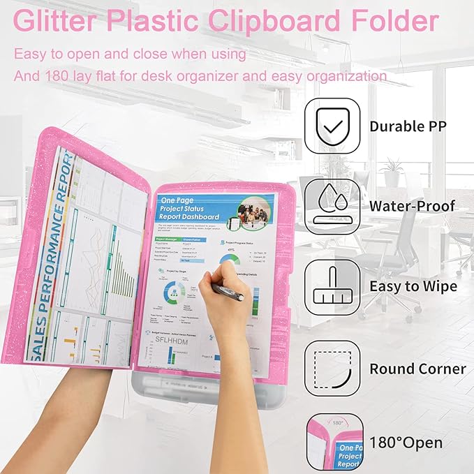 Glitter Clipboard with Storage,Storage Clipboard with Pen Holder,A4 Binder Clip Boards 8.5x11 with Low Profile Clip,Side Opening Sparkle Clipboards, Clipboards Folder for Office Supplies-Rose Pink
