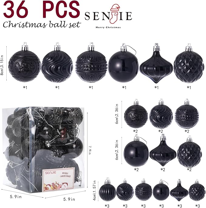 Christmas Ornaments Set with 36pcs Shatterproof Christmas Tree Decorations Multi-Size Christmas Ball Ornaments with 7 Styles Black