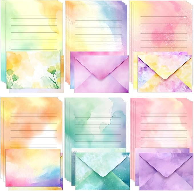 Watercolor Stationary Letter and Envelopes, 24 Lined Writing Paper with 12 Matching Envelopes, Double-Sided Printing, Multicolor, 8.3 x 5.5 Inches, 36 Pieces