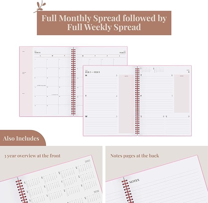 Rileys & Co 2025 Floating Weekly Planner - Annual Weekly & Monthly Agenda Planner, Jan - Dec 2025, Hardcover Cover, Notes Pages, Twin-Wire Binding (8.5 x 11-Inches, Pink)