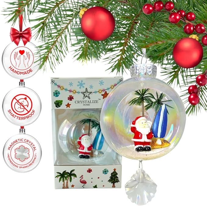 Santa Surf Christmas Ornament - Handmade Shatterproof Decorations for Indoor Outdoor Xmas Tree - Clear Ball Ornaments with Magnetic Crystal - Great Gift or Stocking Stuffer for Mom, Sister, Friend