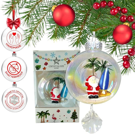 Santa Surf Christmas Ornament - Handmade Shatterproof Decorations for Indoor Outdoor Xmas Tree - Clear Ball Ornaments with Magnetic Crystal - Great Gift or Stocking Stuffer for Mom, Sister, Friend
