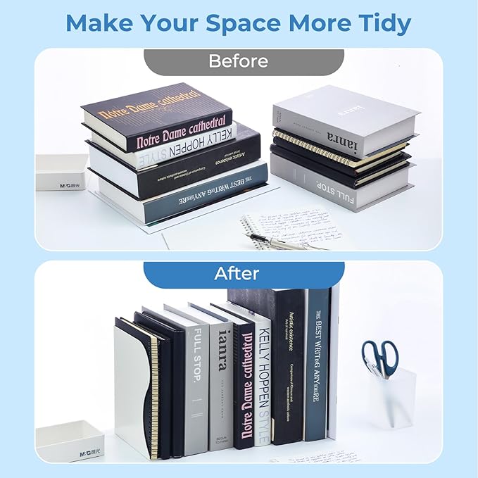 M&G Adjustable Bookends Book Ends for Shelves, Metal Bookend for Heavy Books, Desk Magazine File Organizer Holder Extends up to 20in, Book Stopper for Home, Office, Classroom (White)