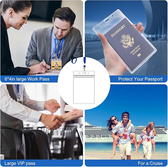 Fushing 50pcs Clear Plastic Vertical Name Tags Badge ID Card Holders and Blue Neck Lanyards with Swivel Hook for School, Festival, Event (XXL)