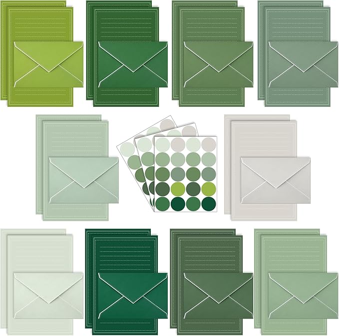 TaoBary 160 Packs Stationery Paper Set (50 Double Sided Stationery Writing Papers 50 Matching Envelopes) 60 Round Dot Sticker, 10 Design (5.5 x 8.25 Inch,Sage Green Color)
