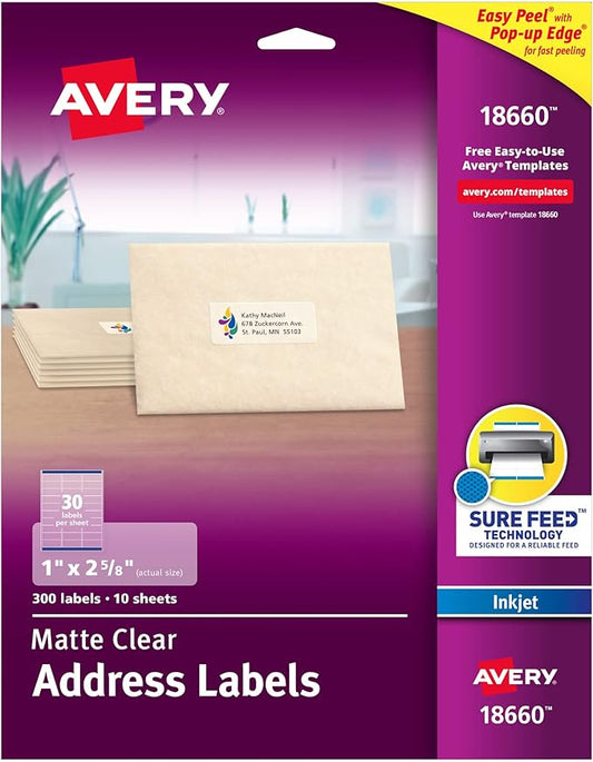 Avery Matte Clear Address Labels, Sure Feed Technology, Inkjet, 1" x 2-5/8", 300 Labels, 5 Packs (18660)
